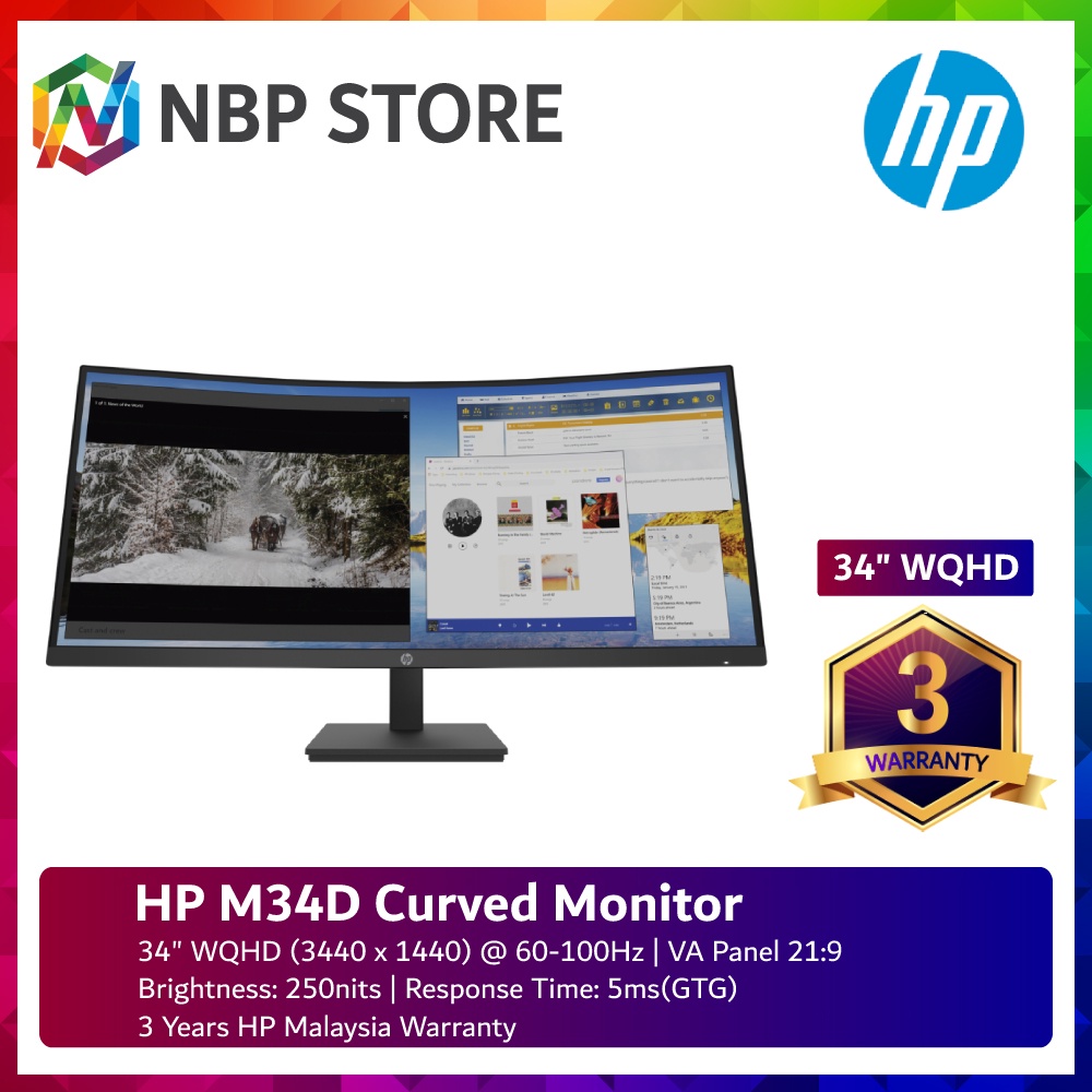 HP M34D 34" WQHD Curved Monitor ( Speakers, DisplayPort, HDMI, 3 Yrs