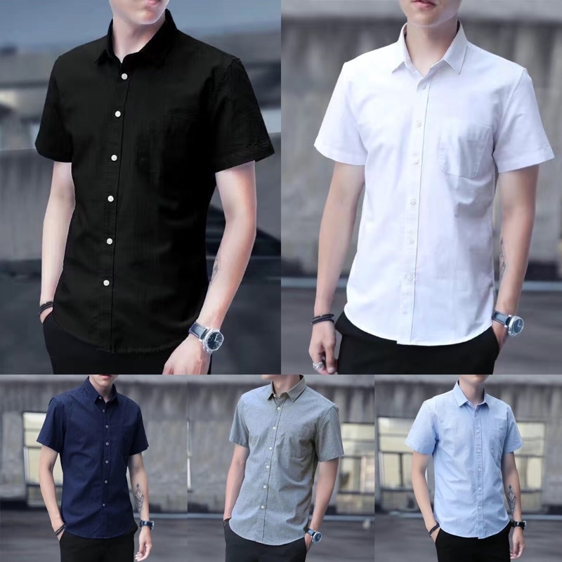 Ready Stock🇲🇾Men Short Sleeve Button Collar Shirt Plain Casual Baju ...