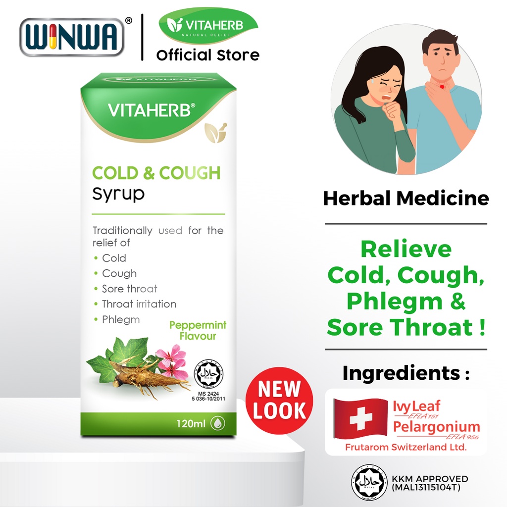VITAHERB Cold And Cough Syrup (120ml) For Adults Ivy Leaf For Sore