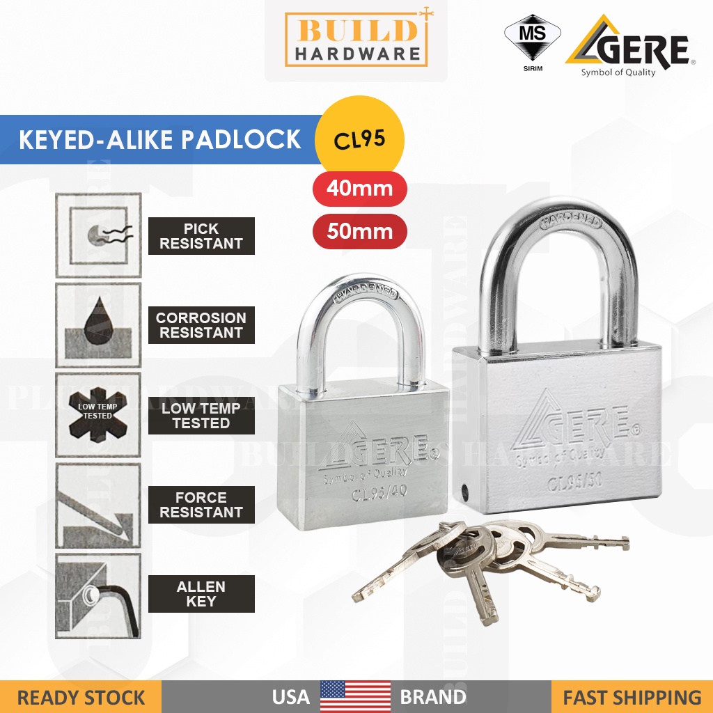 GERE SQ 40mm/50mm CL95 KeyedAlike Padlock Chromed Brass Key Alike Antipick Gembok Asal 白吊锁 Lock