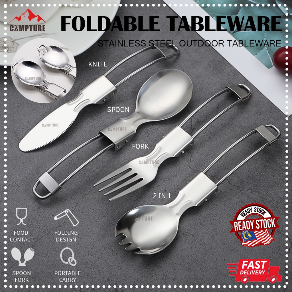 【CAMPTURE】Foldable Spoon Fork Knife 304 Stainless Steel Portable Spoon ...