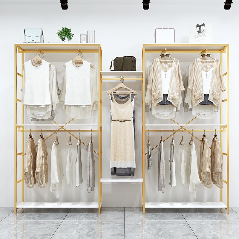 Clothing store display rack golden floor-to-ceiling double-layer high ...