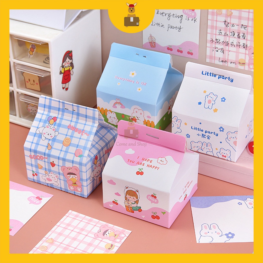 200 Sheets Milk Box Non-Sticky Note Cartoon Memo Pad Cute Rabbit Bear ...