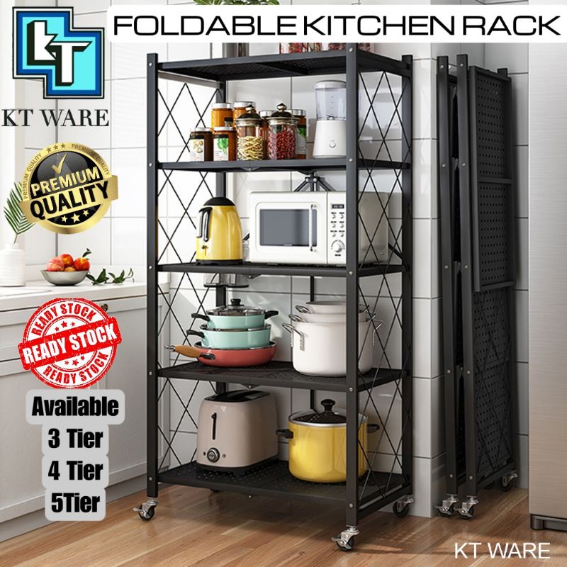 KT WARE 3 4 5 TIER Foldable Storage RACK KITCHEN RACK With Wheel For ...