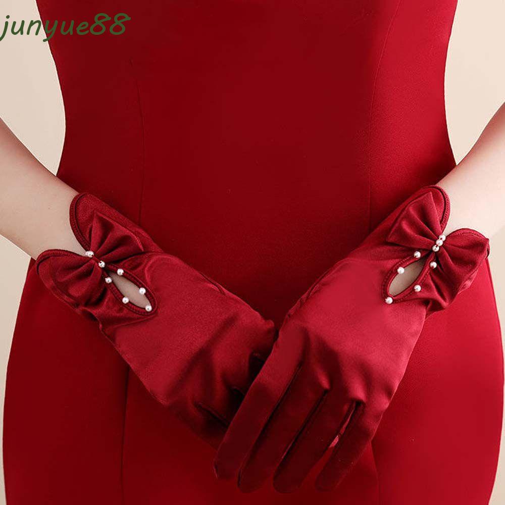 JUNYUE Wedding Bridal Gloves Korean Retro Red Pearl Prom Dinner Gloves