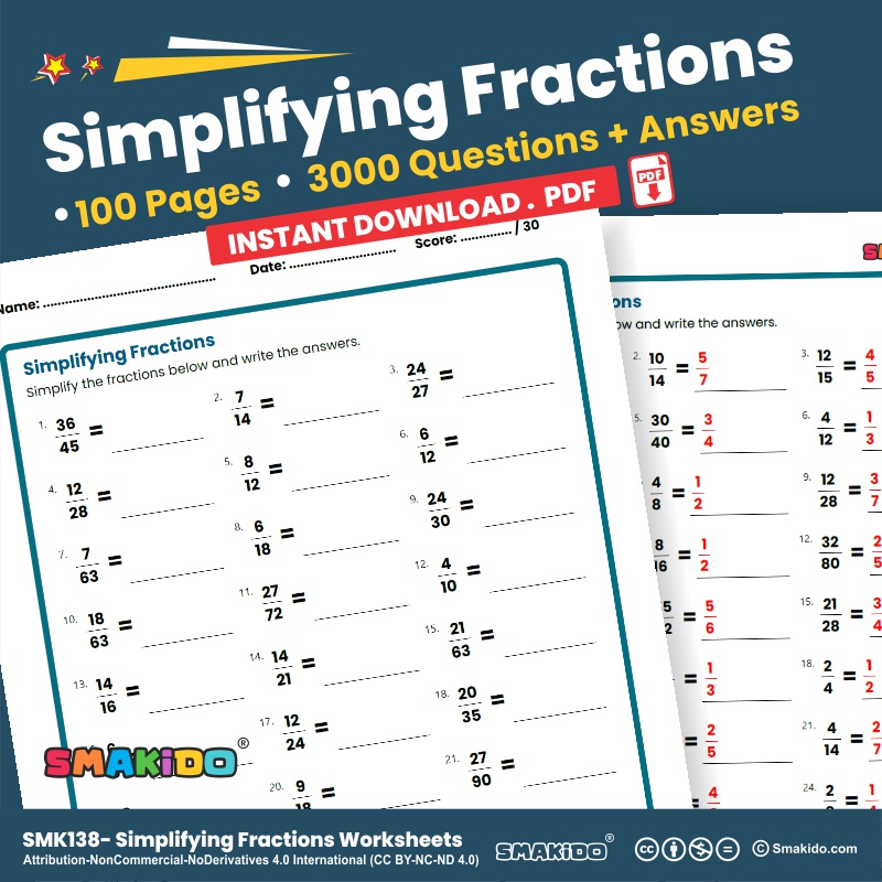 [ Soft Copy/ PDF ] Simplifying Fractions Worksheets | 6000 Questions ...