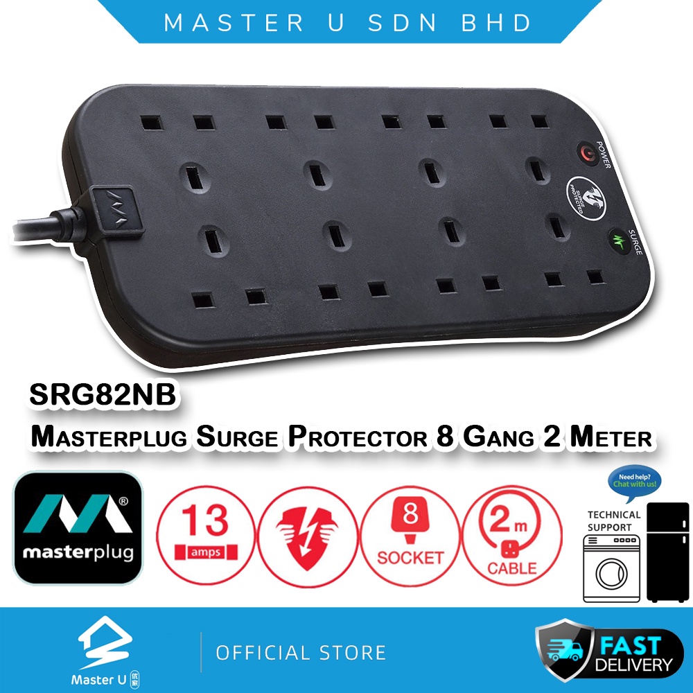 MASTERPLUG SURGE PROTECTOR 8 GANG EXTENSION LEADS - BLACK 2M(SRG82NB ...
