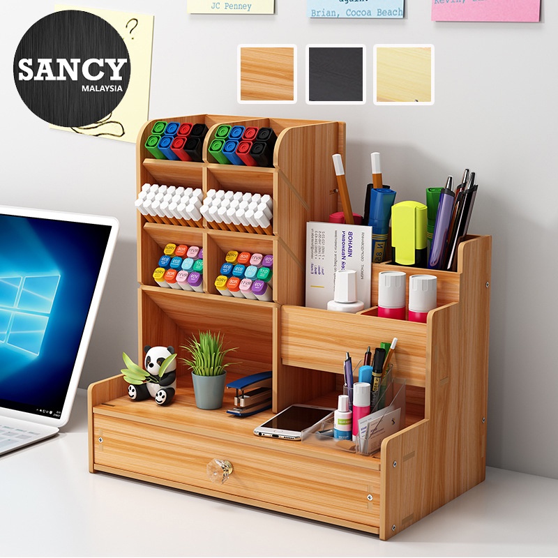SANCY Wooden Pen Holder Stationery Storage Box Desk Finishing Student ...