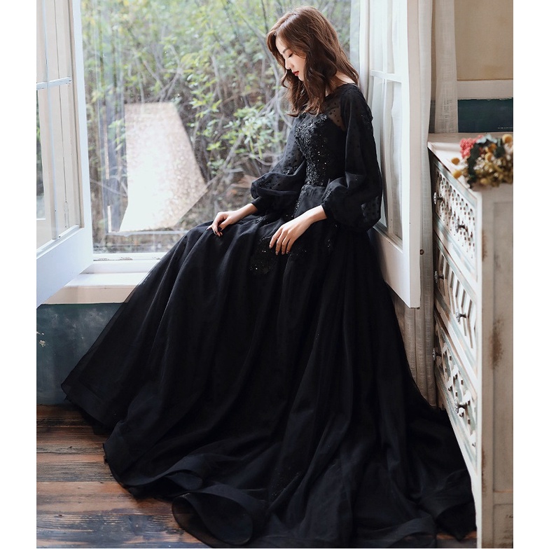 Custom made French Black Sequins Evening Dress Women Long sleeved Beaded Flower Slim A line Dresses Birthday Party Piano Performance Gown