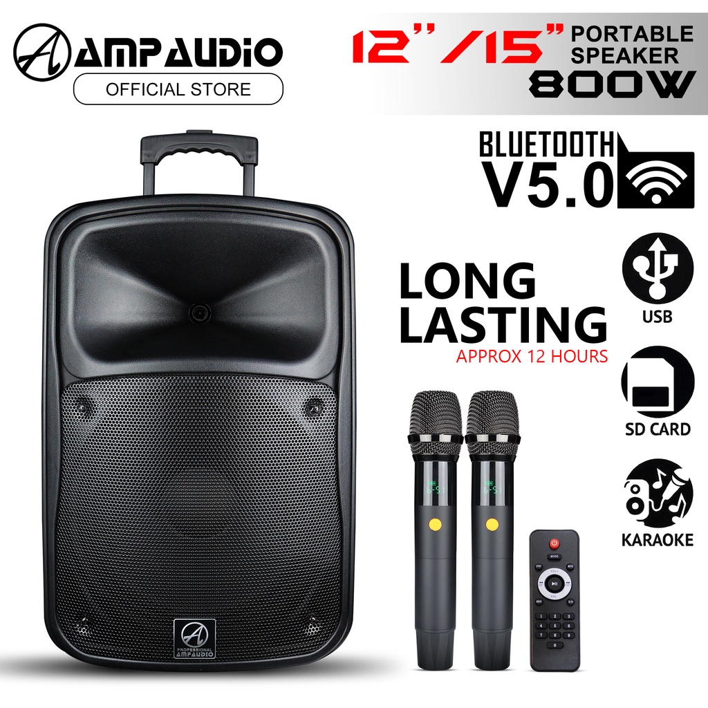 Ampaudio Portable 12/15 Inch Bluetooth Portable Speaker With 2 Wireless