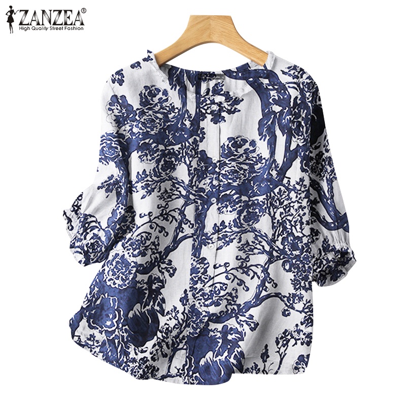 ZANZEA Women Daily Vintage Casual Print 3/4 Sleeve Loose Top | Shopee ...