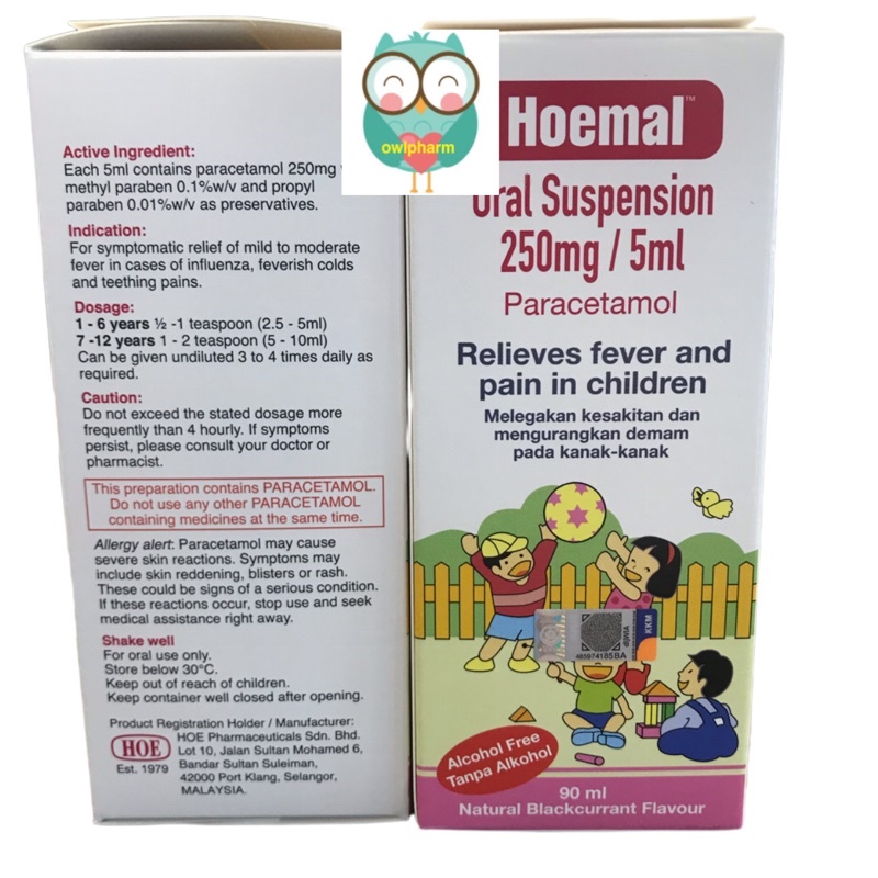 Hoemal Paracetamol 250mg/5ml Oral Suspension Relieves Fever and Pain In
