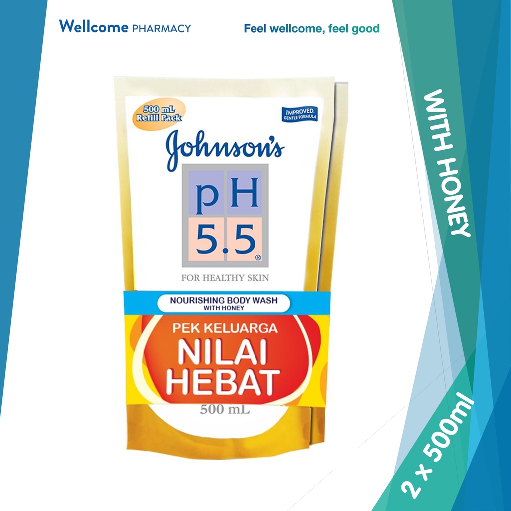 Johnson's pH5.5 Nourishing Body Wash with Honey 2 x 500ml (Refill