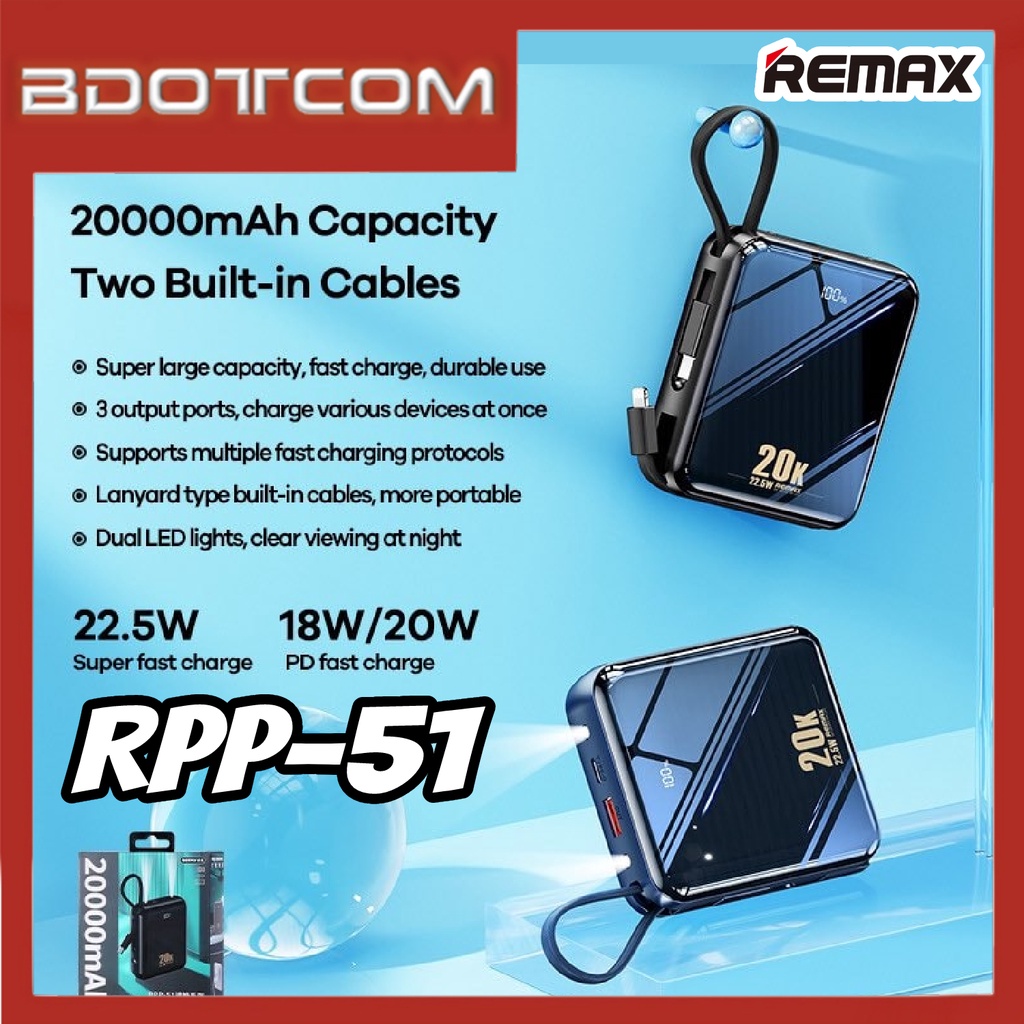 Remax RPP-51 Sucha Series QC 22.5W + PD 18W 20000mAh Fast Charge Cabled ...
