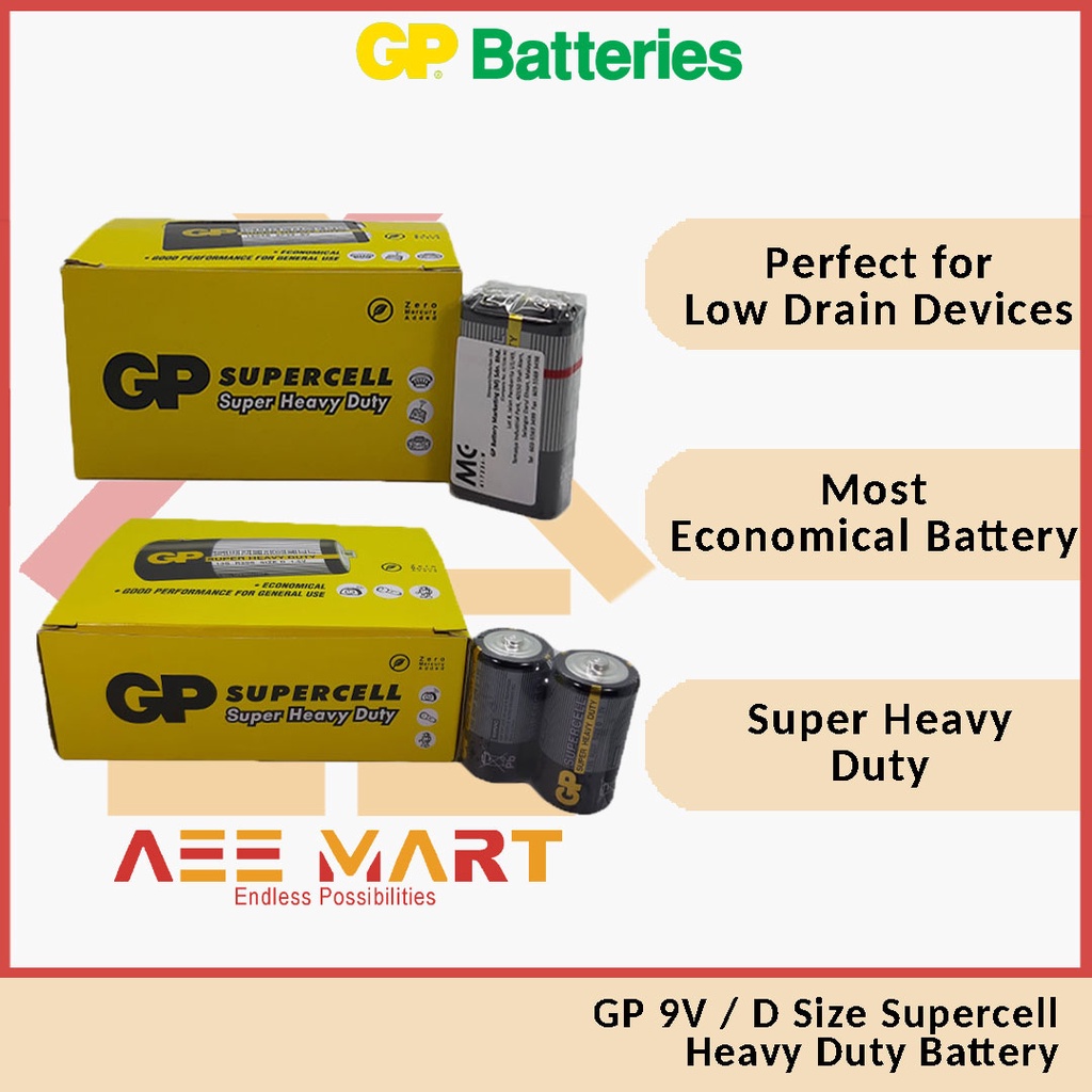 (Original) GP Supercell Super Heavy Duty 9V / D Size Battery ( 10pcs