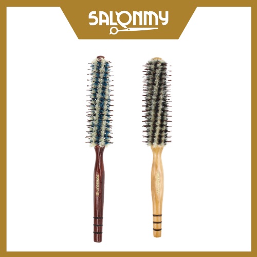 Boar Bristle Antistatic Wooden Round Brush (Blue White)/(Brown White