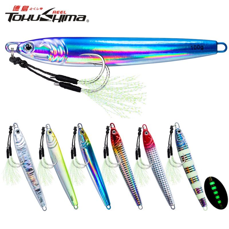 1Pcs 40g 80g 100g Luminous Fast Jigging Casting Lure 7Colors Fishing Metal Jig  Bait With Double Assist Hook