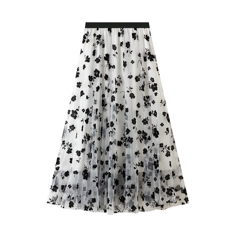 Women Tutu Tulle Skirt Elastic High Waist Layered Skirt Floral Print Mesh A Line Midi Skirt 5343