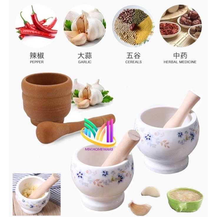 Pestle And Mortar Ceramic With Wooden Handle / Pestle And Mortar Plastic / Lesung Batu Seramik