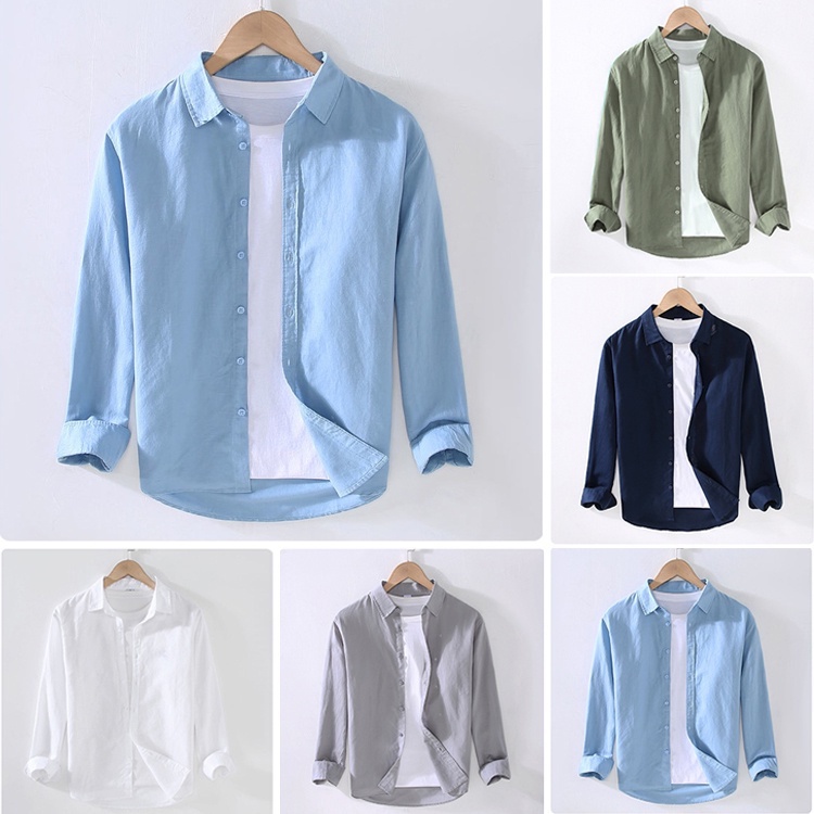 Casual Linen Cotton Long Sleeve Shirt Men Summer New Basic Lapel White ...