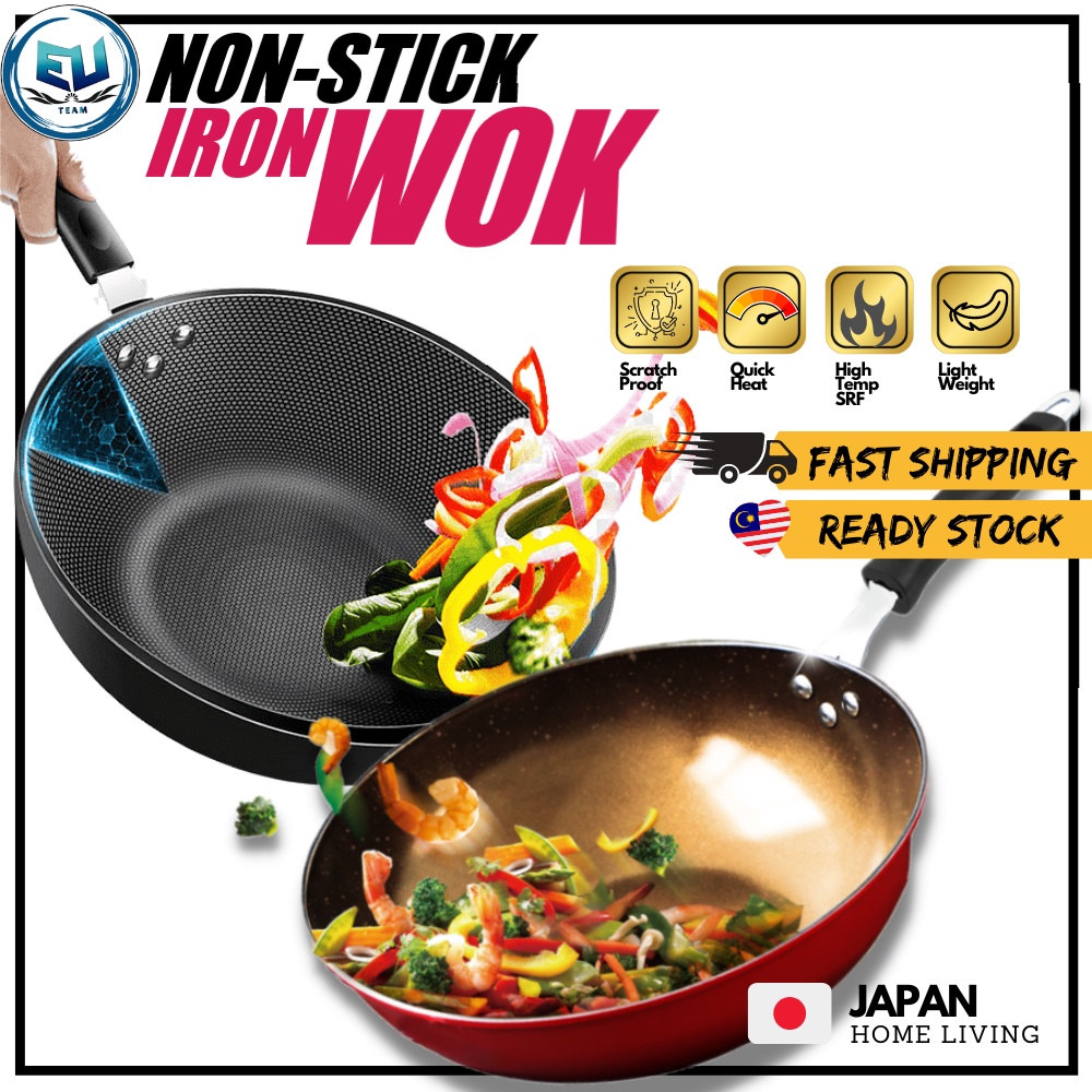 🔥Ready Stock🔥Original NonStick Iron Wok Fry Pan Enamel Woks Ridged