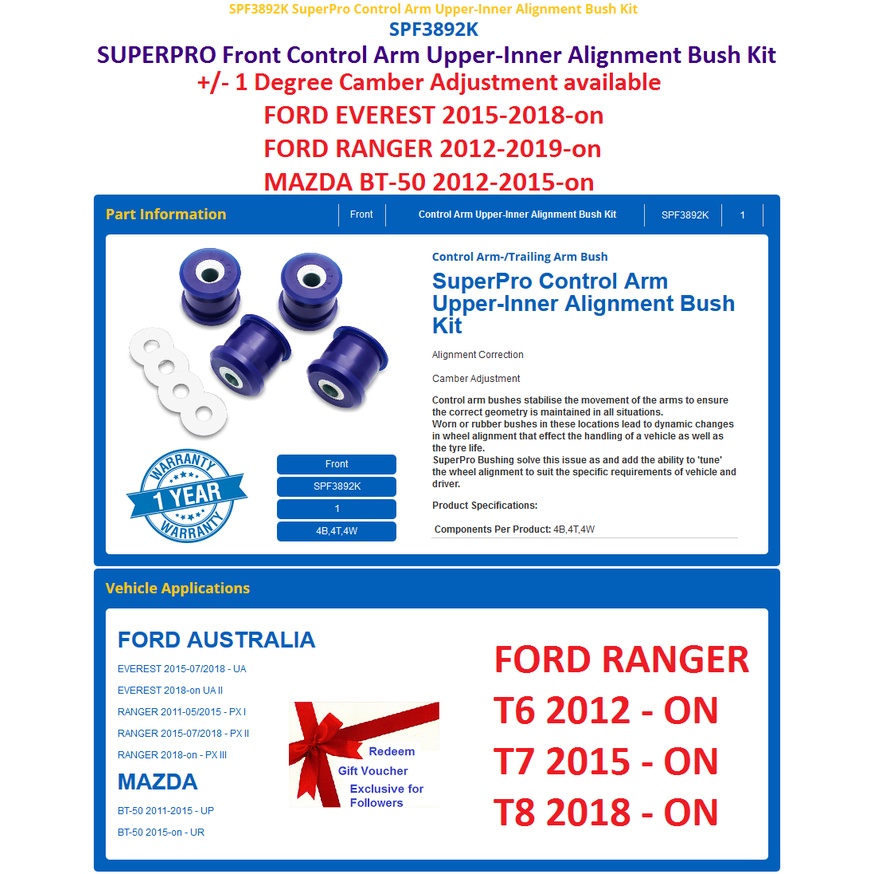 SUPERPRO BUSH FORD RANGER 2012-2018-on T6 T7 T8 / MAZDA BT-50 / FORD ...