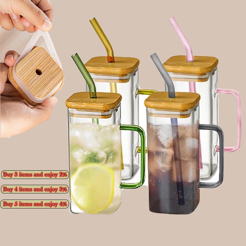 Source 400ml Square Drinking Glasses with Bamboo Lids and Straws for  Hot/Iced Coffee, Juice, Beer on m.