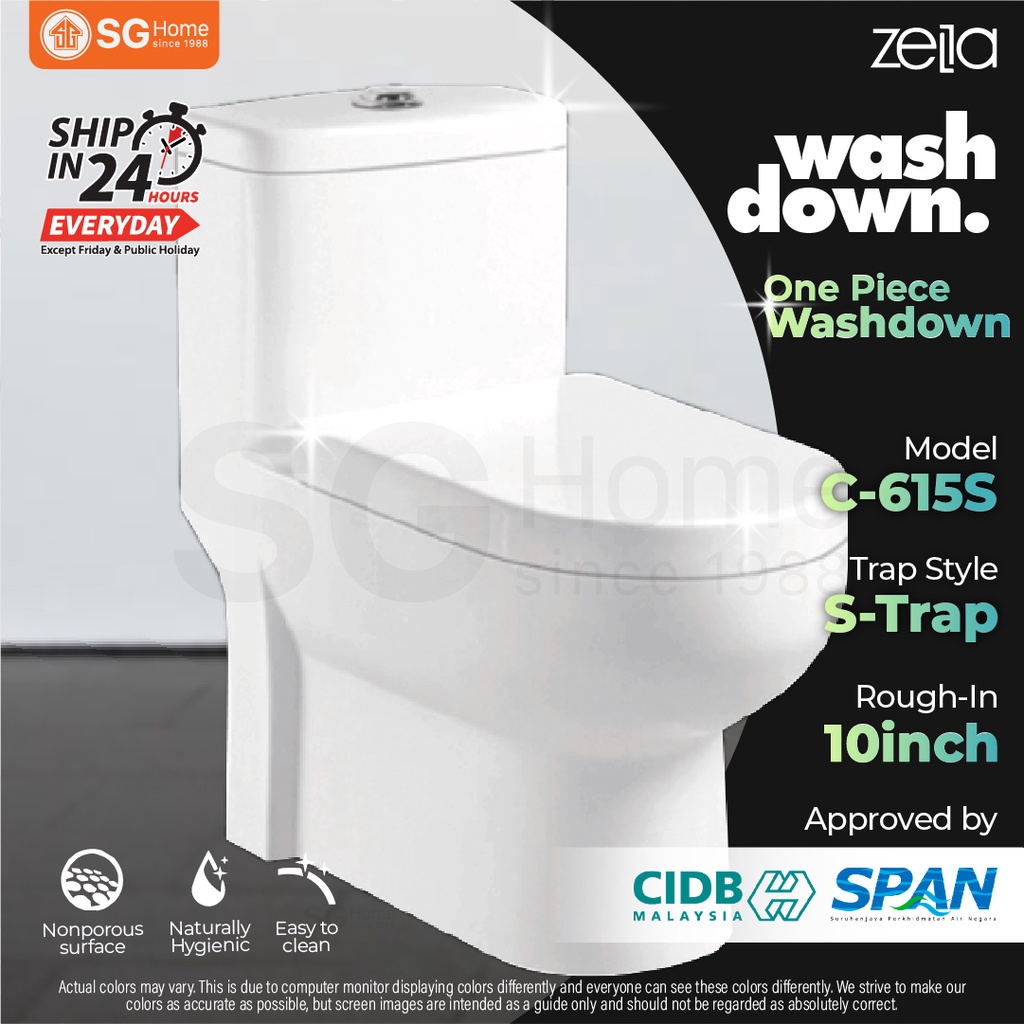 [ZELLA /SANIWARE ] C615S One Piece Toilet Washdown Water Closet (STRAP) Soft Closing Seat