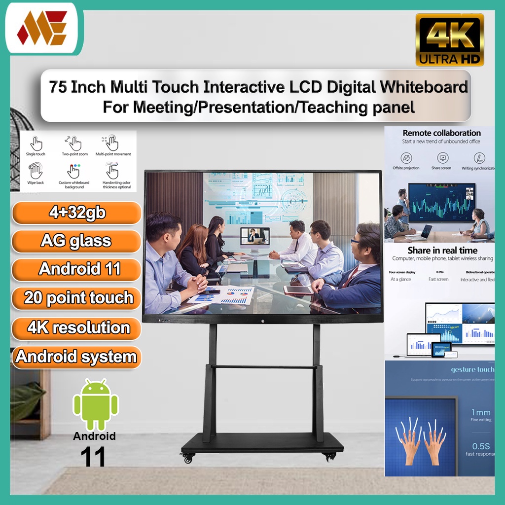 4K 75 Inch Android Smart Touch Interactive LCD Digital Whiteboard with ...