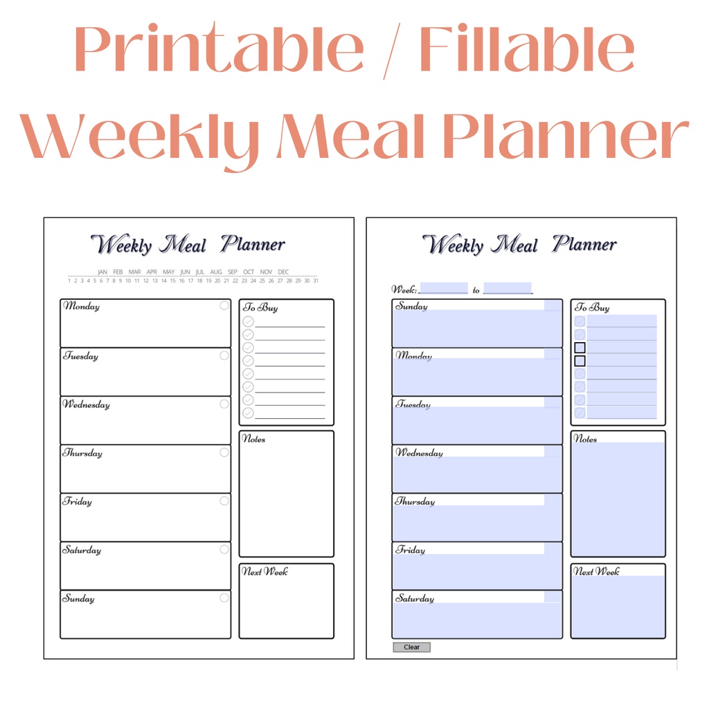 D3 - Printable / Fillable Weekly Meal Planner | Monday / Sunday starts [PDF] - digital copy ...