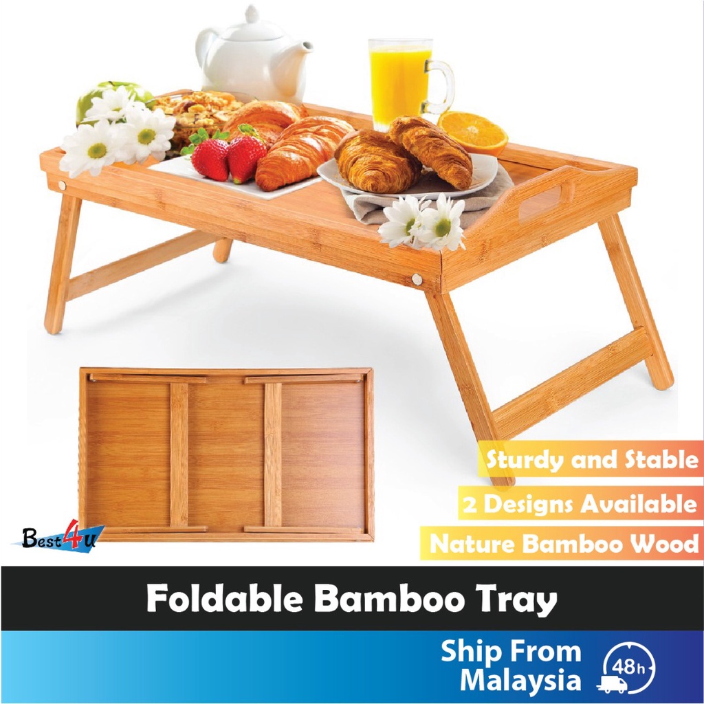 BEST4U Foldable Bamboo Wood Bed Table with Handle Portable Breakfast