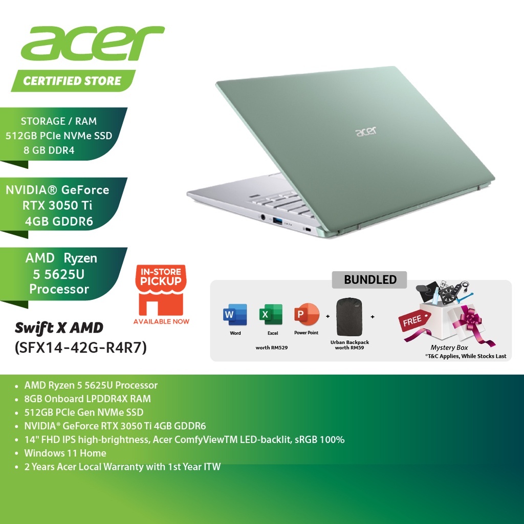 Acer Swift X SFX14-42G-R4R7 14'' FHD Laptop Green ( Ryzen 5 5625U, 8GB ...