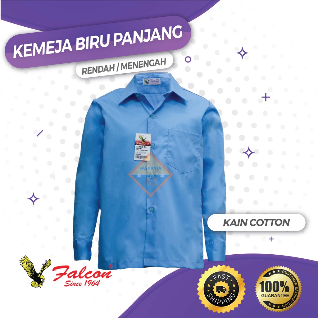 BAJU SEKOLAH JENAMA FALCON - KEMEJA PENGAWAS LENGAN PANJANG BIRU COTTON ...