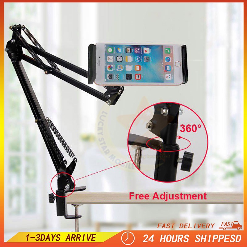 Long Arm Clamp Phone Stand 360 Rotating Telescopic Lazy Mobile Phone