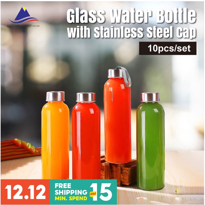 (10pcs) Glass Bottle Drinking Water Bottle with Stainless Steel Cap