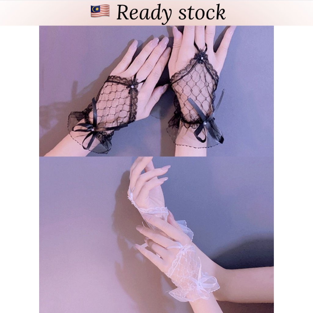 [Black / White] Lace Glove Wedding Bridal Glove Tulle Sarung Tangan
