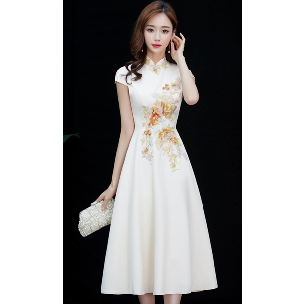 DINNER DRESS floral simple midi dress//小晚礼服女平时可穿主持短款生日小礼裙中国风伴娘服旗袍中式洋装 ...