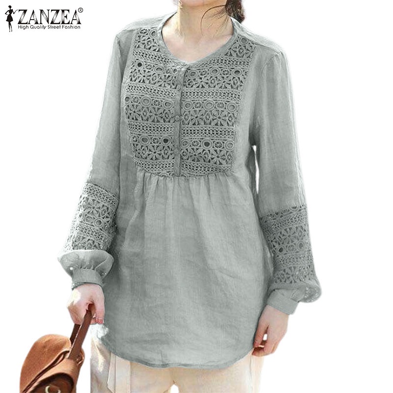 ZANZEA Women Buttons O Neck Long Sleeve Tunic Blouse Floral Lace ...