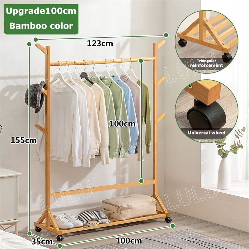 LULU Bamboo Clothes Rack Rak Baju With Wheels Hat Coat Rack Clothes