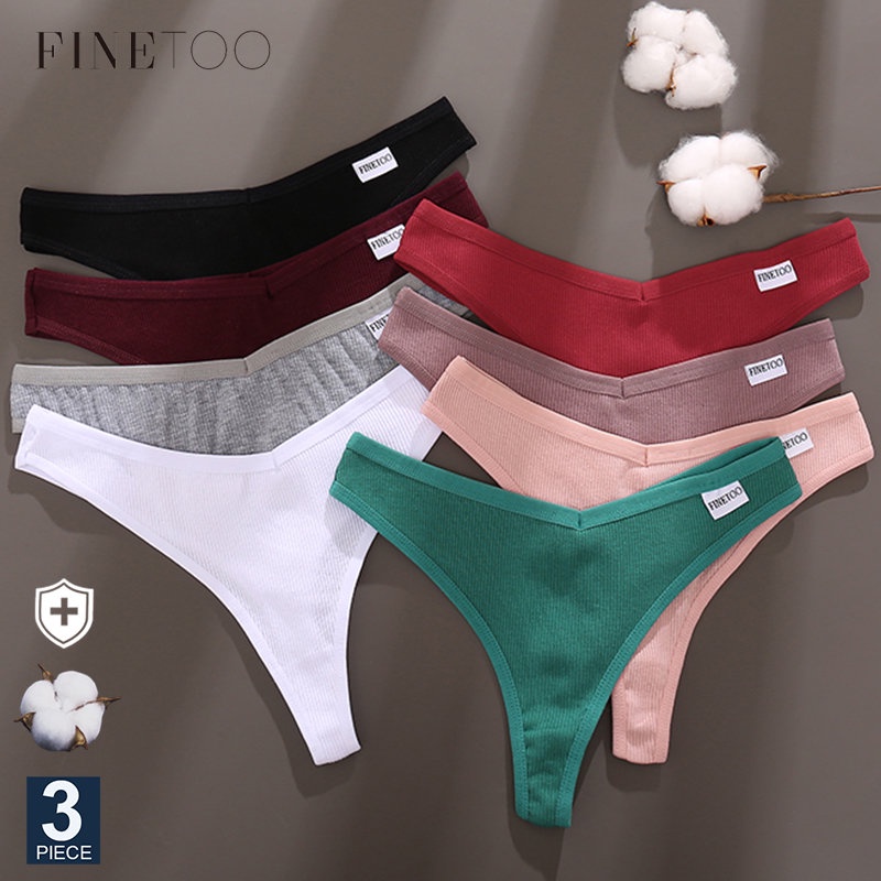 FINETOO 3PCS/Set G-string Panties Cotton Women's Underwear Sexy Panty  Female Underpants Thong Solid Color Lingerie T-Back Design