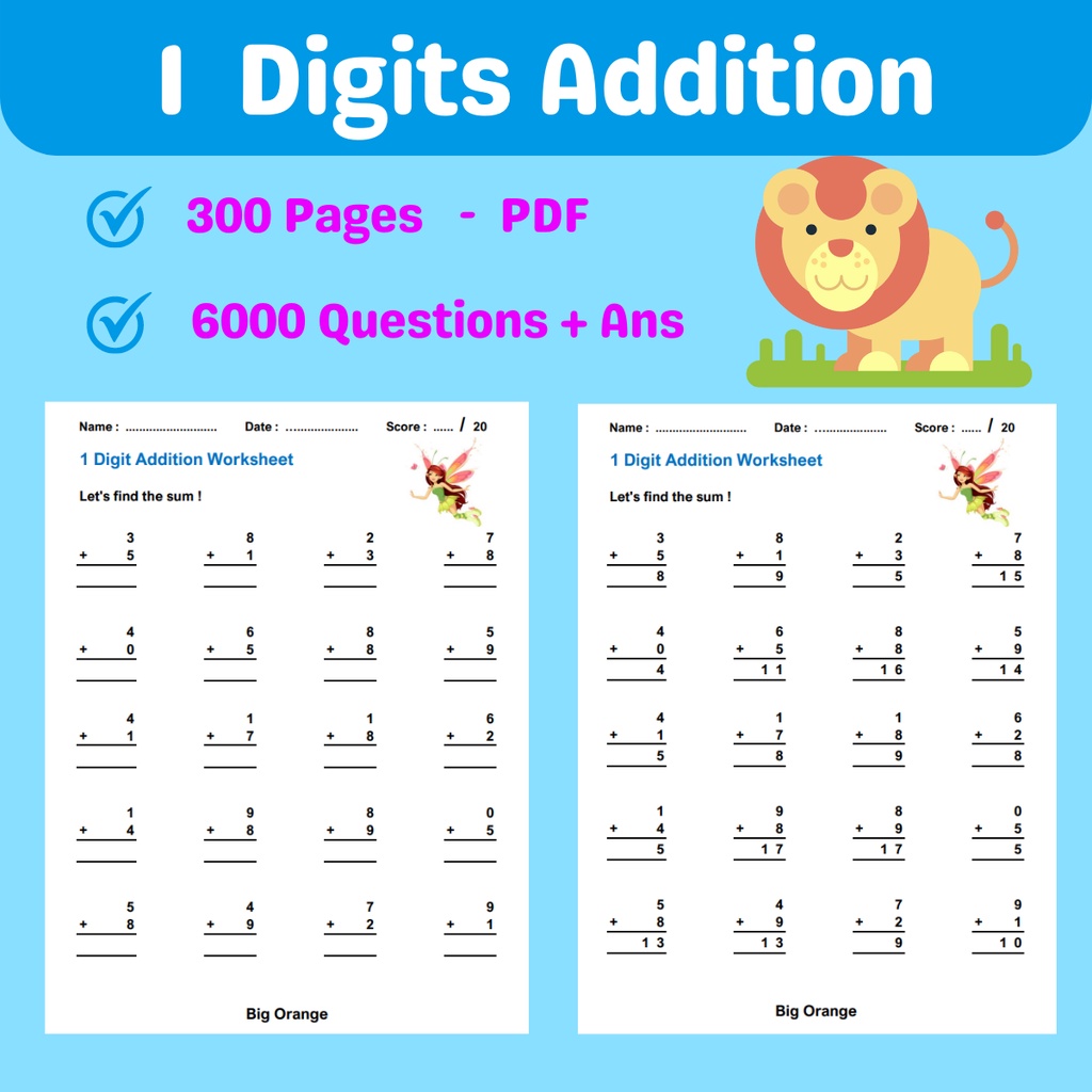 One Digit Addition Printable Math Worksheet (Age 4 to 7) Preschool ...