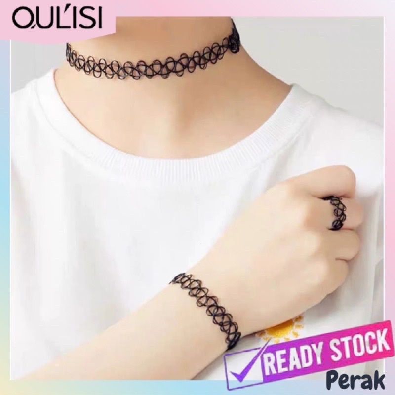 OULISI Tattoo Choker Set Necklace Bracelet Ring Braided 3in1