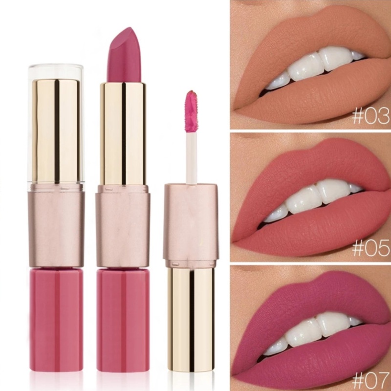 2 in 1 Matte Lipstick Lip Gloss Cosmetics Waterproof Non Sticky Lips