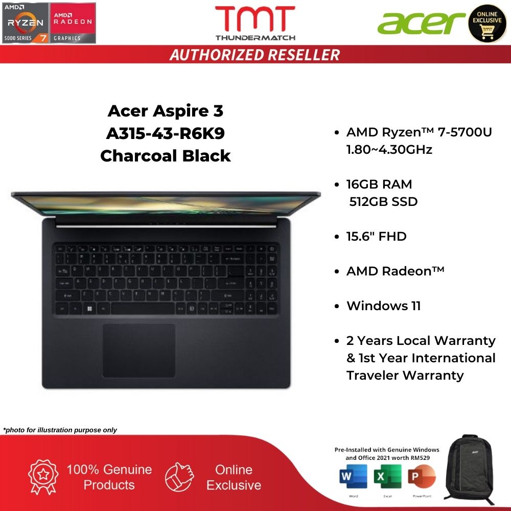 Acer Aspire 3 A31543R6K9 Black Laptop Ryzen 75700U 16GB RAM