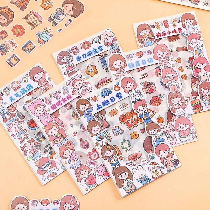4 Sheets Stickers Cute Cartoon Character Series Waterproof Diary ...