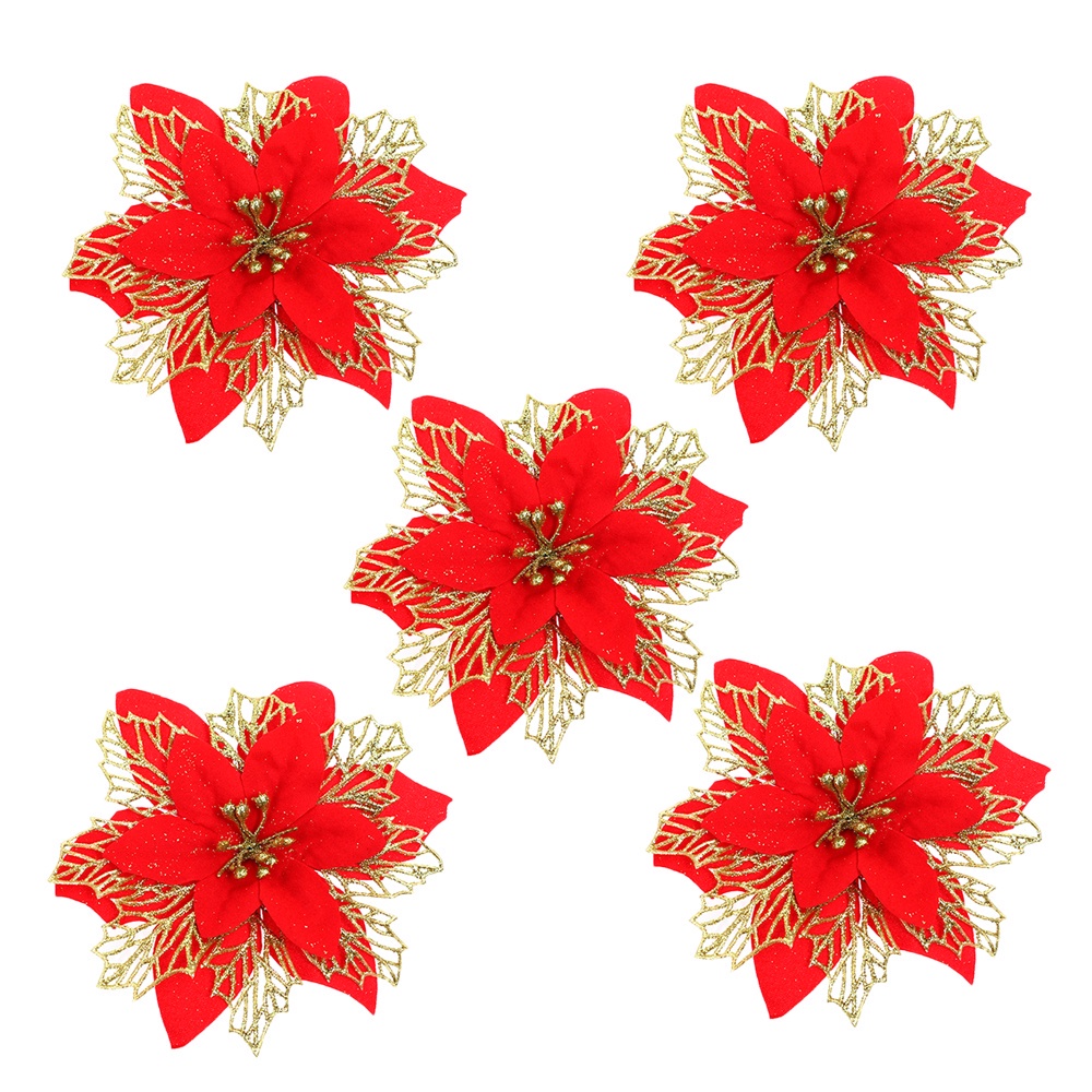 10Pcs Glitter Artificial Christmas Flowers Xmas Tree Ornaments Merry ...