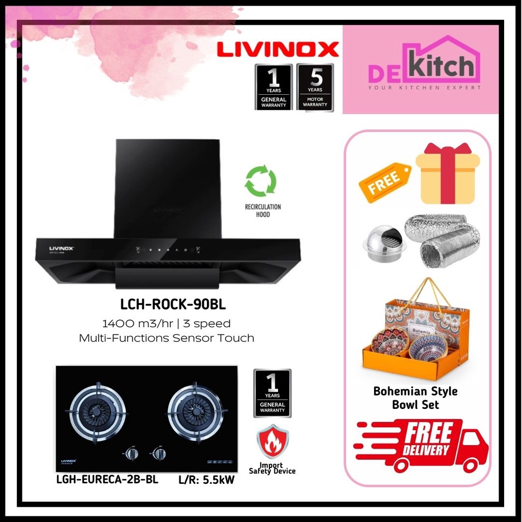 LIVINOX LCH-ROCK-90BL Chimney Cooker Hood Hob LGH-EURECA 2B-BL Kitchen ...