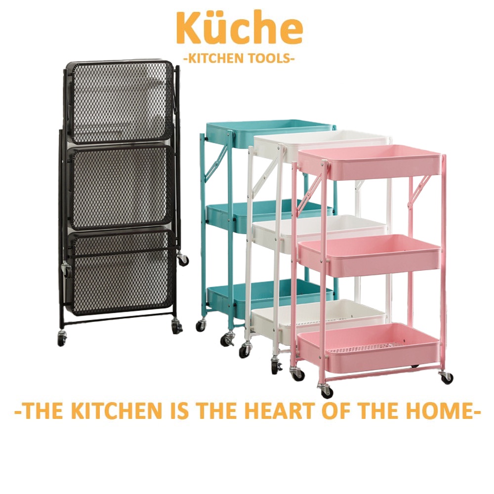 KUCHE Household Kitchen Metal Folding Trolley Rack 3 Tier Multifunction ...