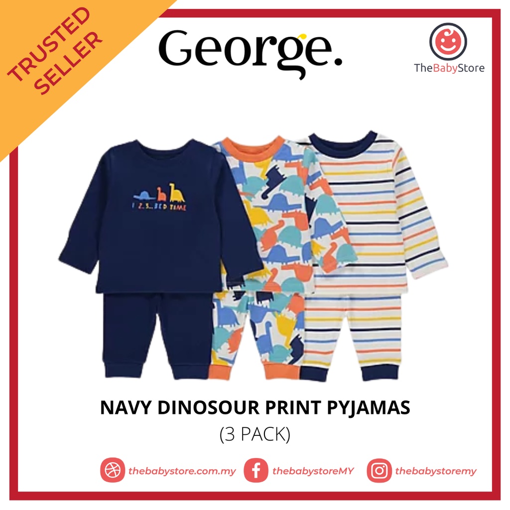 George UK Navy Dinosour Print Long Sleeve Pyjamas Kids-3 Pack (V-UK ...