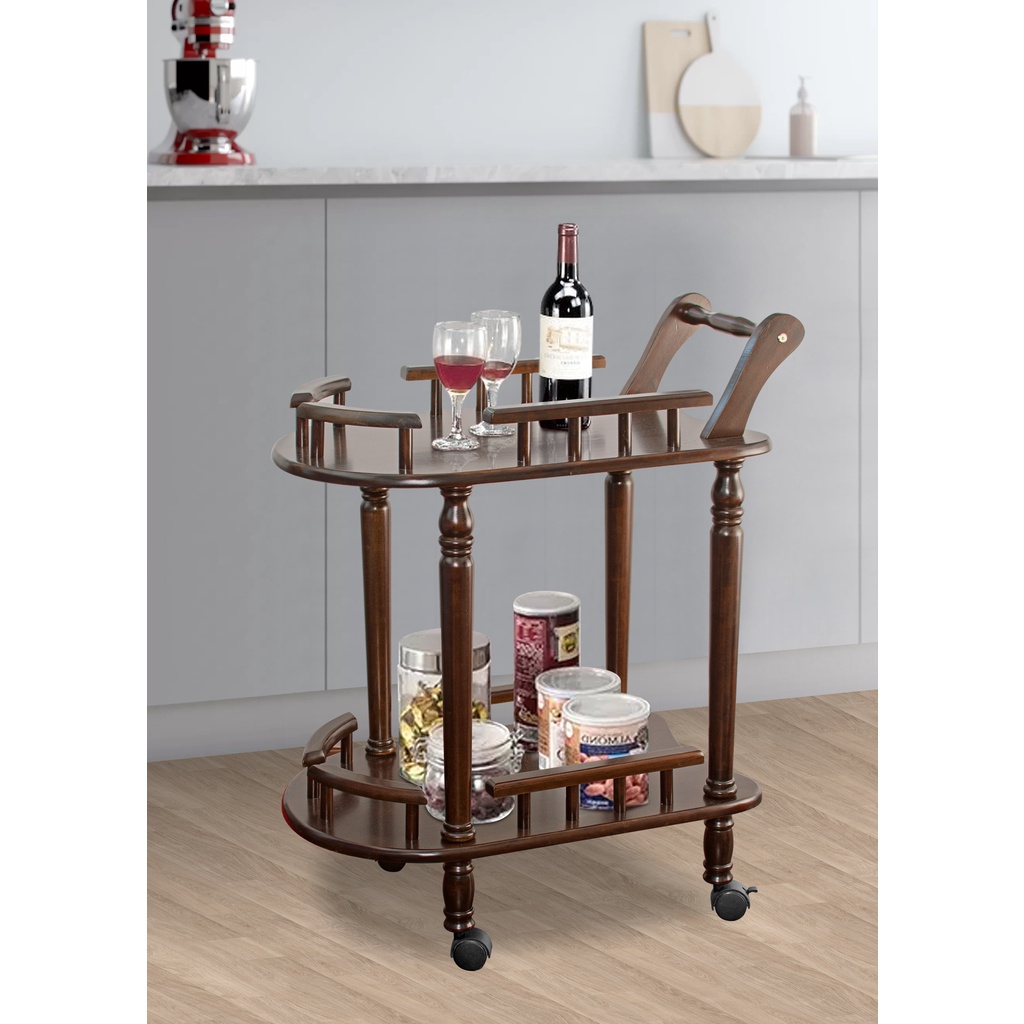 2 Tier Kitchen Wooden Food Cart + Food Serving Trolley Troli Kayu